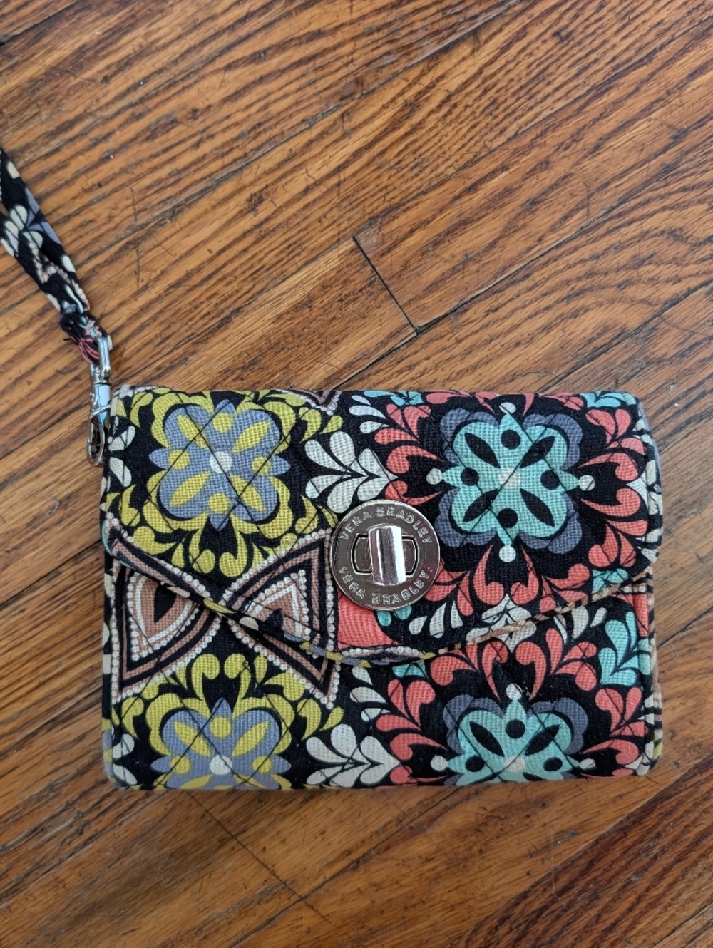 Vera Bradley Quilted Floral Wristlet - Black, Yellow, Coral, Teal